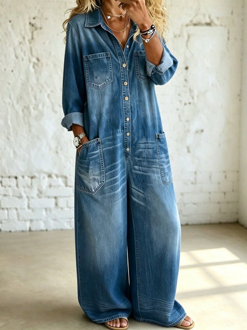 Blue Casual Women's Collared Regular Loose Wide Leg Denim Jumpsuit